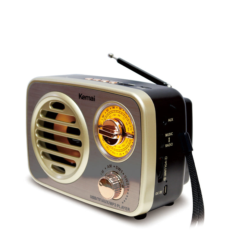 Portable Bluetooth speaker with retro style, featuring USB and TF card functions, and supporting multi-band radios including FM, AM and SW.