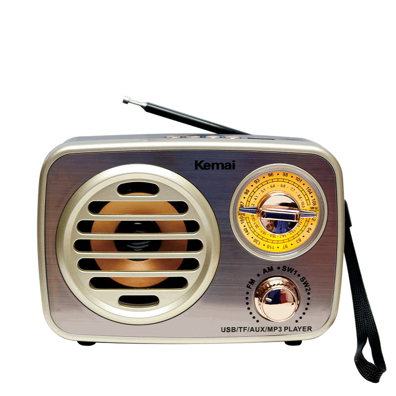 Portable Bluetooth speaker with retro style, featuring USB and TF card functions, and supporting multi-band radios including FM, AM and SW.