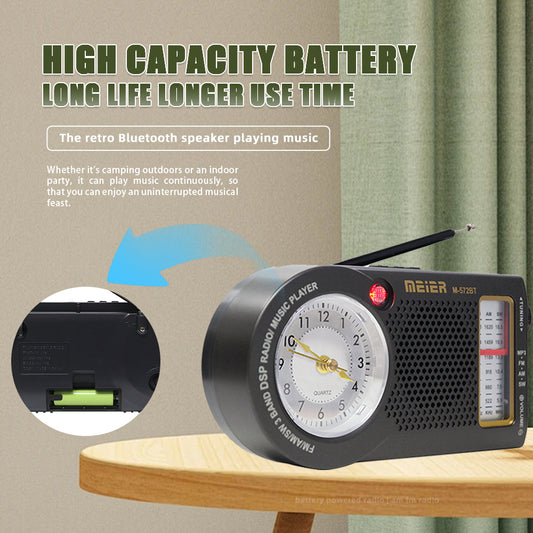 Consumer electronics: portable tri-band AM/FM radio, TF card and MP3 player, rechargeable speaker, Bluetooth, quartz clock