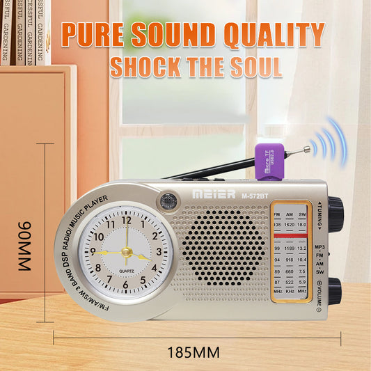 Silver Rechargeable Mini Alarm Clock Portable AM/FM Wireless Bluetooth Radio Supports TF Cassettes